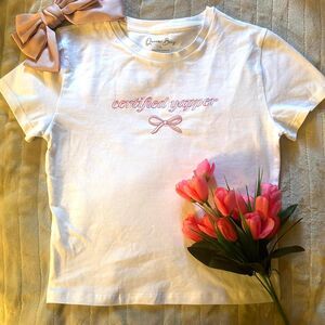 White and Pink “Certified Yapper” Crop-Top